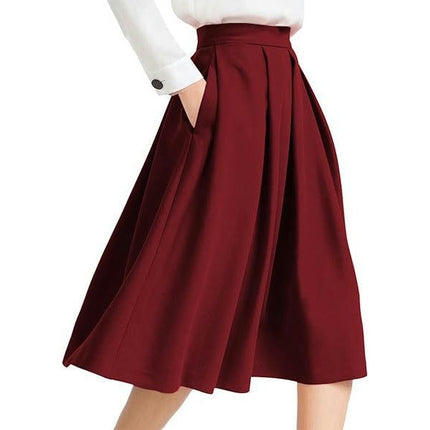 Women's High Waist Flared Skirt Pleated Casual Midi Skirt with Pockets