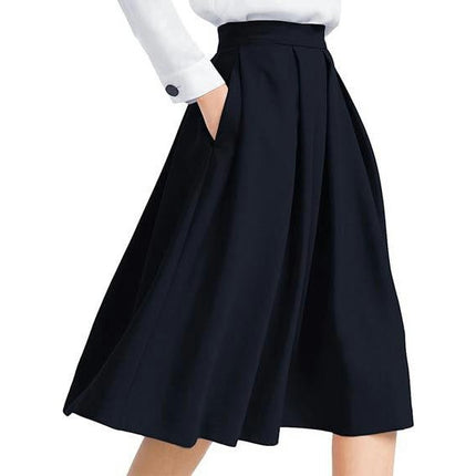 Women's High Waist Flared Skirt Pleated Casual Midi Skirt with Pockets