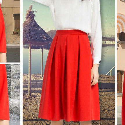 Women's High Waist Flared Skirt Pleated Casual Midi Skirt with Pockets