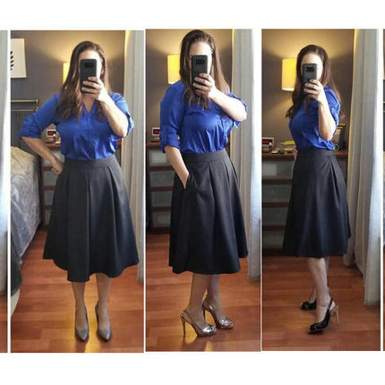 Women's High Waist Flared Skirt Pleated Casual Midi Skirt with Pockets