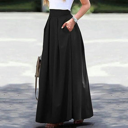 Women's Pleated Casual High Waist A-line Flowy Long Maxi Skirt with Pockets