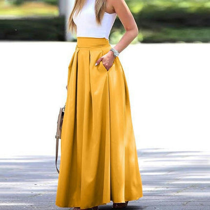 Women's Pleated Casual High Waist A-line Flowy Long Maxi Skirt with Pockets