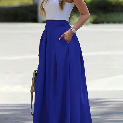 Women's Pleated Casual High Waist A-line Flowy Long Maxi Skirt with Pockets