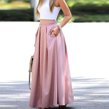 Women's Pleated Casual High Waist A-line Flowy Long Maxi Skirt with Pockets