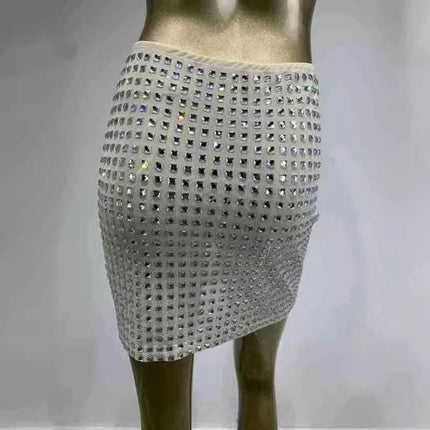 Womens Sexy Mesh Rhinestone Bodycon Mini Skirt Glitter Party Skirt