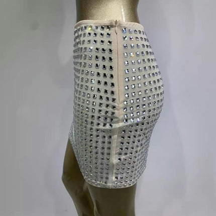 Womens Sexy Mesh Rhinestone Bodycon Mini Skirt Glitter Party Skirt