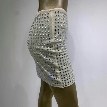 Womens Sexy Mesh Rhinestone Bodycon Mini Skirt Glitter Party Skirt