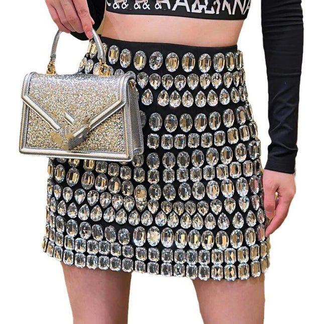 Womens Sexy Rhinestone Bodycon Mini Skirt Glitter Party Skirt