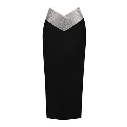 Women's Sequins Skirt High Waist Bodycon Sparkle Sexy Midi Skirt with Slit