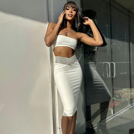 Women's Sequins Skirt High Waist Bodycon Sparkle Sexy Midi Skirt with Slit