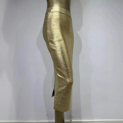 Womens Shiny Metallic Liquid Bodycon Pencil Skirt Stretch Party Midi Skirt