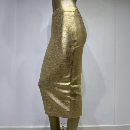 Womens Shiny Metallic Liquid Bodycon Pencil Skirt Stretch Party Midi Skirt