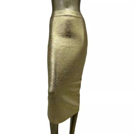 Womens Shiny Metallic Liquid Bodycon Pencil Skirt Stretch Party Midi Skirt