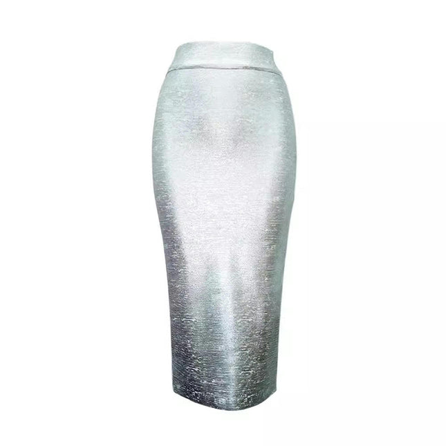 Womens Shiny Metallic Liquid Bodycon Pencil Skirt Stretch Party Midi Skirt