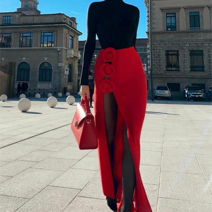 Maxi Skirt High Slit Bodycon Bandage Skirt for Women with 3D Flower Pencil Skirt