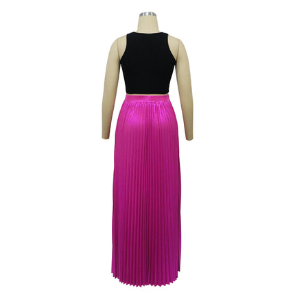 Womens Pleated Maxi Skirt High Waisted A Line Long Skirts with Slit