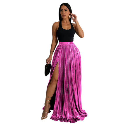 Womens Pleated Maxi Skirt High Waisted A Line Long Skirts with Slit