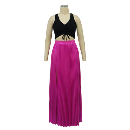 Womens Pleated Maxi Skirt High Waisted A Line Long Skirts with Slit