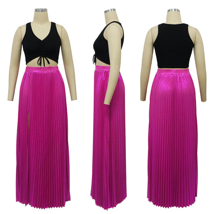 Womens Pleated Maxi Skirt High Waisted A Line Long Skirts with Slit