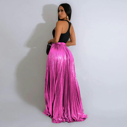 Womens Pleated Maxi Skirt High Waisted A Line Long Skirts with Slit