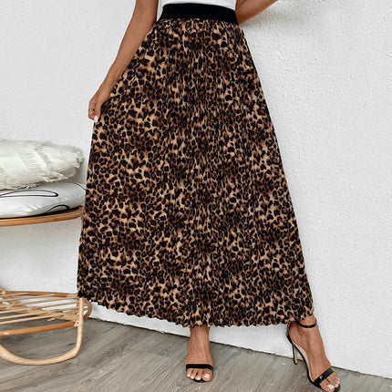 Women's Pleated Skirt Leopard Print Elastic High Waist A-Line Maxi Long Skirt