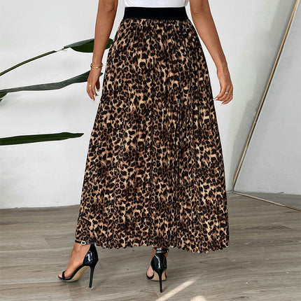 Women's Pleated Skirt Leopard Print Elastic High Waist A-Line Maxi Long Skirt