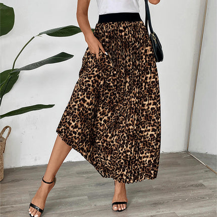 Women's Pleated Skirt Leopard Print Elastic High Waist A-Line Maxi Long Skirt