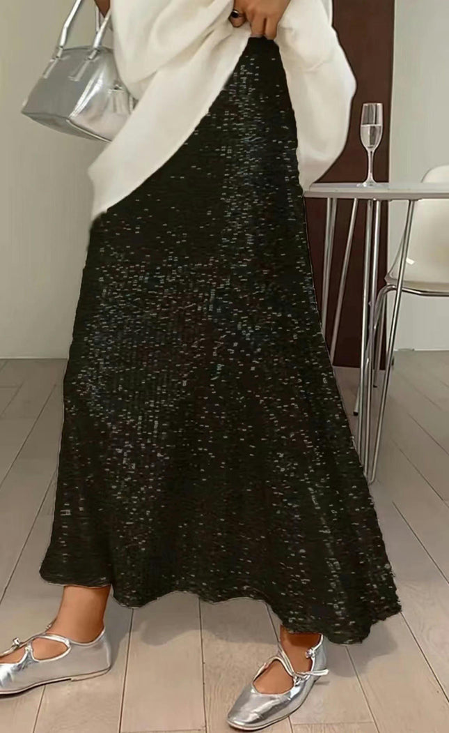 Women Sequin Midi Skirt Glitter Loose High Waist Evening Party Sparkly Skirt