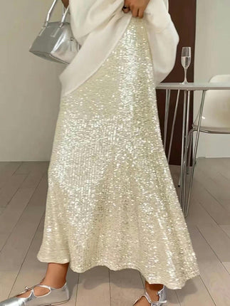 Women Sequin Midi Skirt Glitter Loose High Waist Evening Party Sparkly Skirt