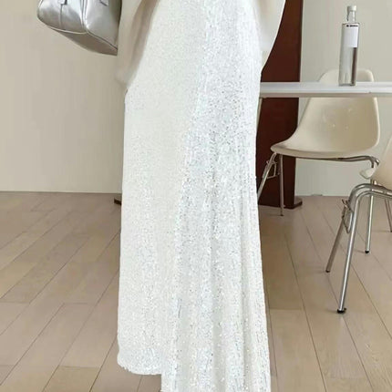 Women Sequin Midi Skirt Glitter Loose High Waist Evening Party Sparkly Skirt