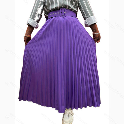 Pleated Midi Skirts for Women High Waisted A Line Skirt with Belt