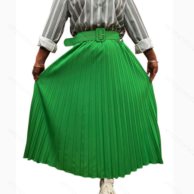 Pleated Midi Skirts for Women High Waisted A Line Skirt with Belt