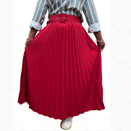 Pleated Midi Skirts for Women High Waisted A Line Skirt with Belt