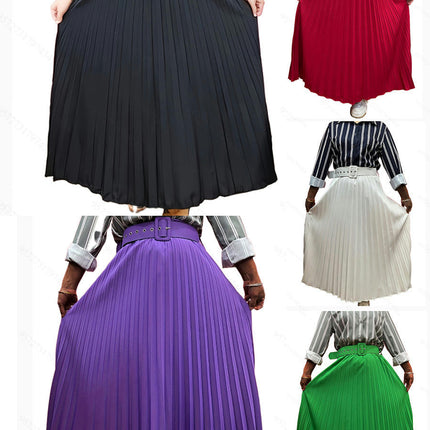 Pleated Midi Skirts for Women High Waisted A Line Skirt with Belt