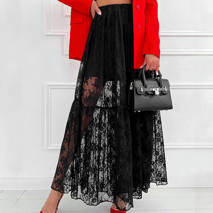 Women's See Through Lace Long Skirts Elastic High Waist Sheer A Line Skirt