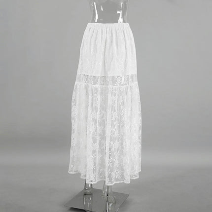 Women's See Through Lace Long Skirts Elastic High Waist Sheer A Line Skirt