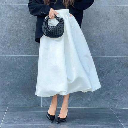 Women Satin Bubble Maxi Skirt High Waist Pleated Ruffle Puffy Swing Balloon Long Skirt