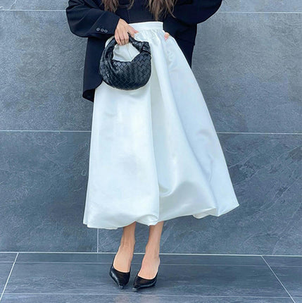 Women Satin Bubble Maxi Skirt High Waist Pleated Ruffle Puffy Swing Balloon Long Skirt