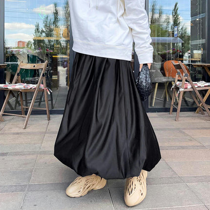 Women Satin Bubble Maxi Skirt High Waist Pleated Ruffle Puffy Swing Balloon Long Skirt