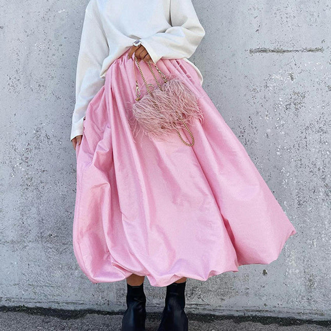 Women Satin Bubble Maxi Skirt High Waist Pleated Ruffle Puffy Swing Balloon Long Skirt