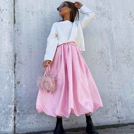 Women Satin Bubble Maxi Skirt High Waist Pleated Ruffle Puffy Swing Balloon Long Skirt