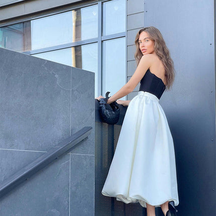 Women Satin Bubble Maxi Skirt High Waist Pleated Ruffle Puffy Swing Balloon Long Skirt