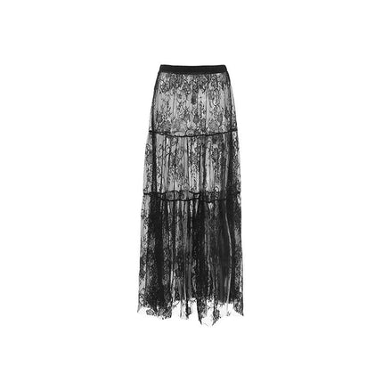 Women's See Through Lace Skirts Elastic High Waist Sheer A Line Long Skirt