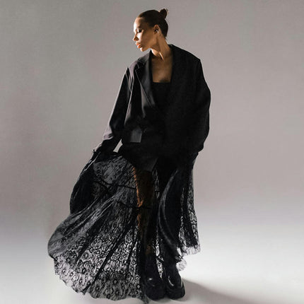 Women's See Through Lace Skirts Elastic High Waist Sheer A Line Long Skirt