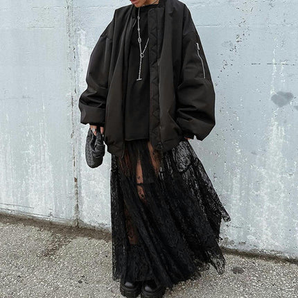 Women's See Through Lace Skirts Elastic High Waist Sheer A Line Long Skirt
