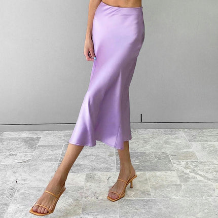 Women Solid High Waist Silky Casual Elastic Satin Midi Skirt