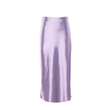 Women Solid High Waist Silky Casual Elastic Satin Midi Skirt