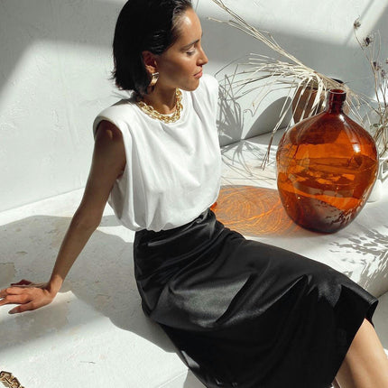 Women Solid High Waist Silky Casual Elastic Satin Midi Skirt