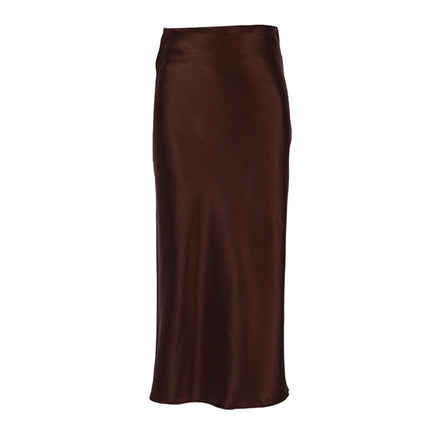 Women Solid High Waist Silky Casual Elastic Satin Midi Skirt