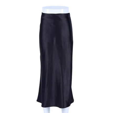 Women Solid High Waist Silky Casual Elastic Satin Midi Skirt